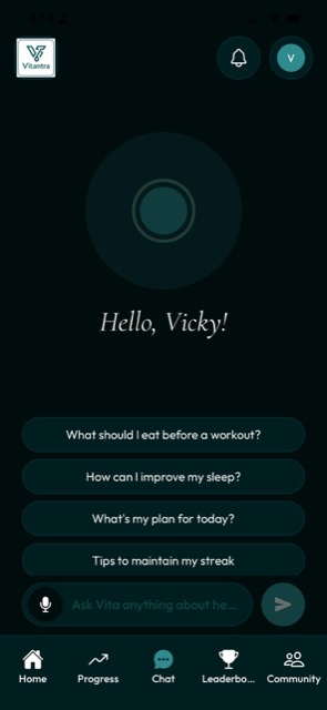 Vita AI companion offering personalized wellness conversation prompts