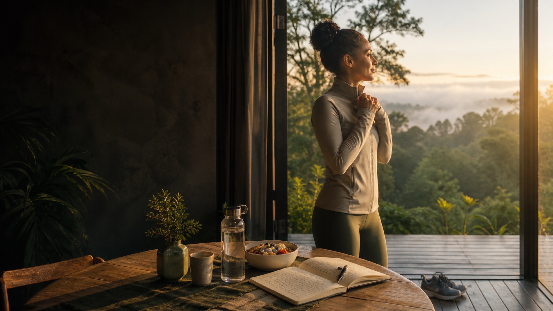 A calm morning ritual bringing movement, nourishment, journaling and hydration together