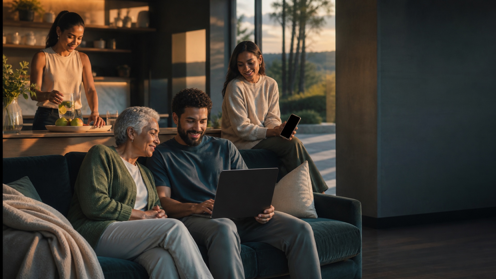 A multigenerational household sharing a relaxed wellness moment with web and mobile devices