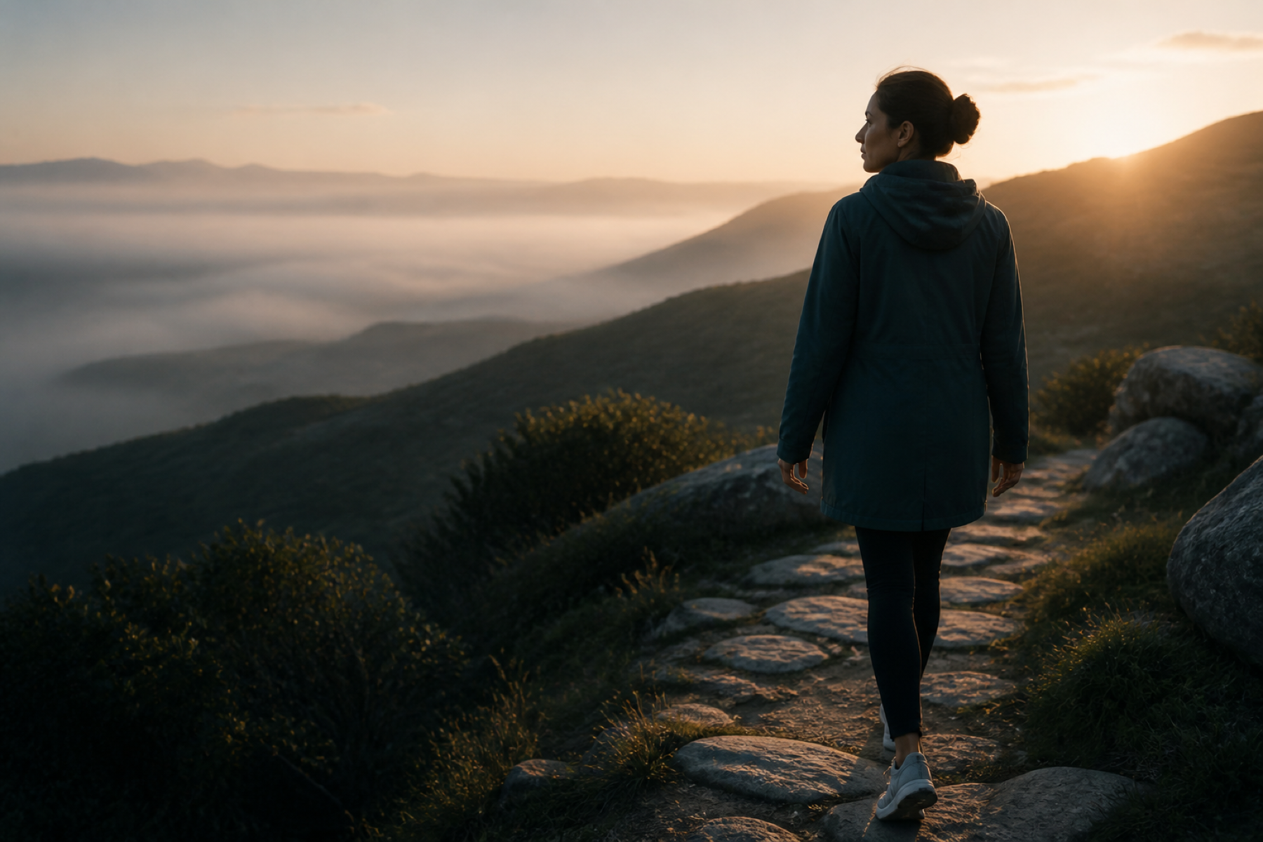 A person walking calmly into a sunrise landscape, representing steady personal progress